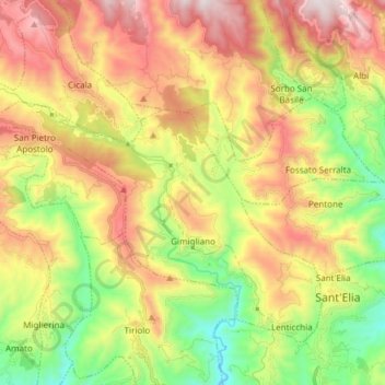 Mapa topográfico Gimigliano, altitude, relevo