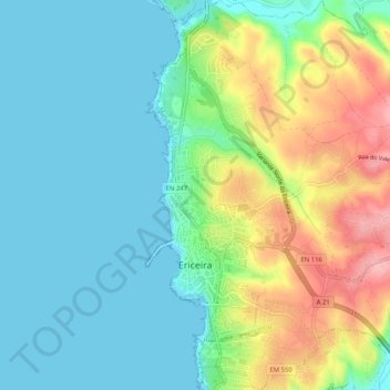 Mapa topográfico Ericeira, altitude, relevo