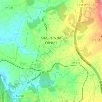 Mapa topográfico São Paio de Oleiros, altitude, relevo