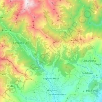 Mapa topográfico Sagliano Micca, altitude, relevo