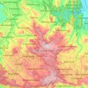 Mapa topográfico Nuwara Eliya District, altitude, relevo