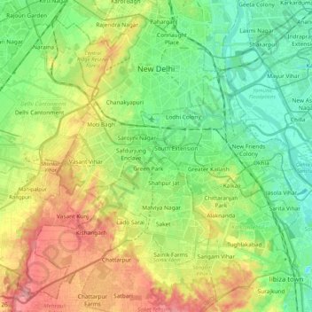 Mapa topográfico New Delhi, altitude, relevo