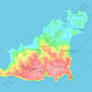 Mapa topográfico Guernsey, altitude, relevo