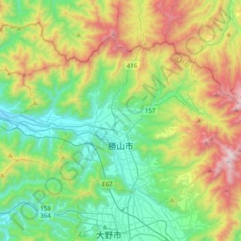 Mapa topográfico 勝山市, altitude, relevo