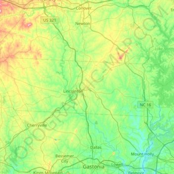 Mapa topográfico Lincoln County, altitude, relevo