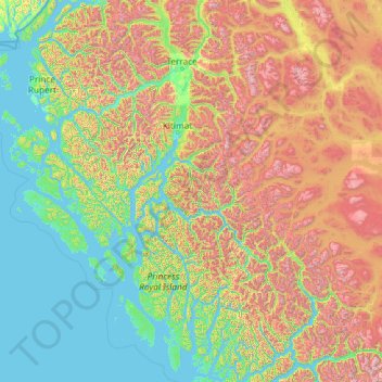 Mapa topográfico Area C (Butedale/Kitlope/Kitsumkalum), altitude, relevo