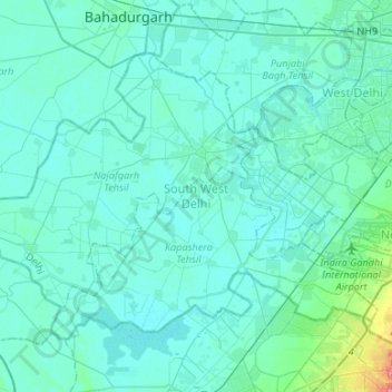 Mapa topográfico South West Delhi, altitude, relevo