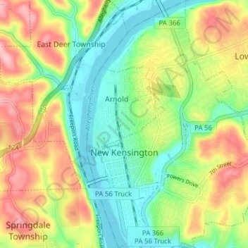 Mapa topográfico New Kensington, altitude, relevo