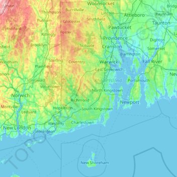 Mapa topográfico Rhode Island, altitude, relevo