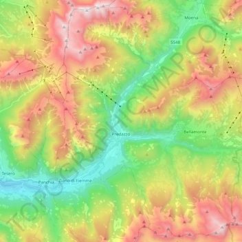 Mapa topográfico Predazzo, altitude, relevo