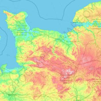 Mapa topográfico Baixa Normandia, altitude, relevo