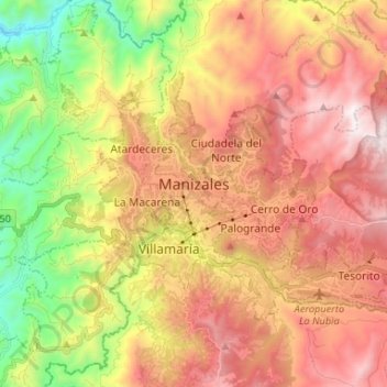 Mapa topográfico Perímetro Urbano Manizales, altitude, relevo