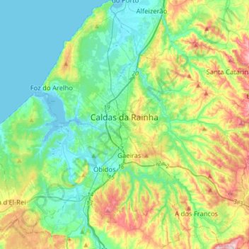 Mapa topográfico Caldas da Rainha, altitude, relevo