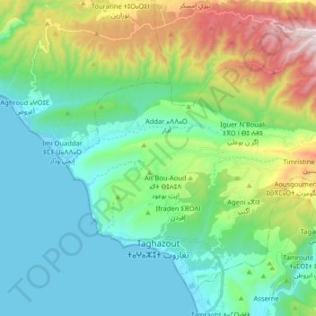 Mapa topográfico Taghazout ⵜⴰⵖⴰⵣⵓⵜ تغازوت, altitude, relevo