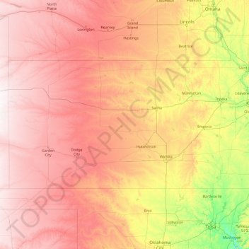 Mapa topográfico Kansas, altitude, relevo