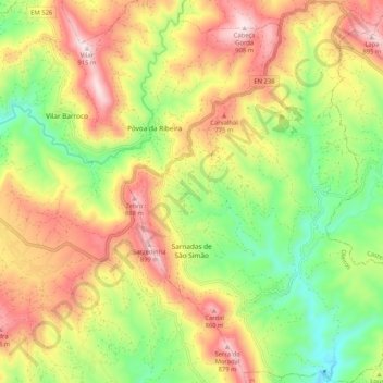 Mapa topográfico Sarnadas de São Simão, altitude, relevo
