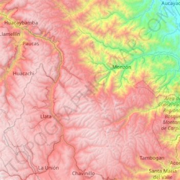 Mapa topográfico Huamalíes, altitude, relevo