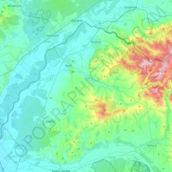 Mapa topográfico okres Skalica, altitude, relevo