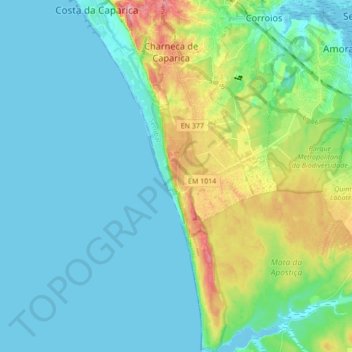 Mapa topográfico Paisagem Protegida da Arriba Fóssil da Costa da Caparica, altitude, relevo