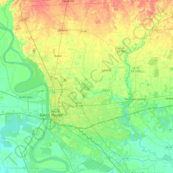 Mapa topográfico Parroquia de Baton Rouge Este, altitude, relevo