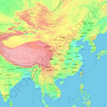 Mapa topográfico China, altitude, relevo
