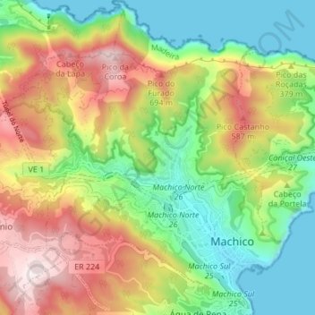 Mapa topográfico Machico, altitude, relevo