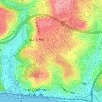 Mapa topográfico Linda-a-Velha, altitude, relevo