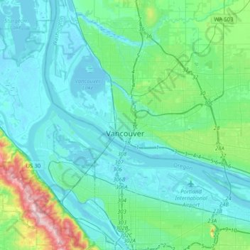 Mapa topográfico Vancouver, altitude, relevo