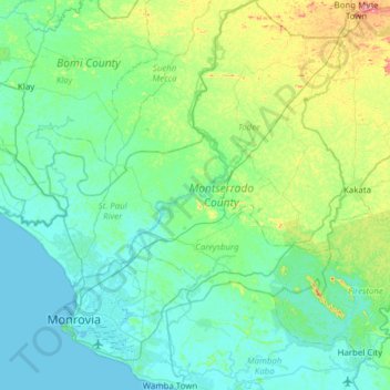 Mapa topográfico Montserrado, altitude, relevo