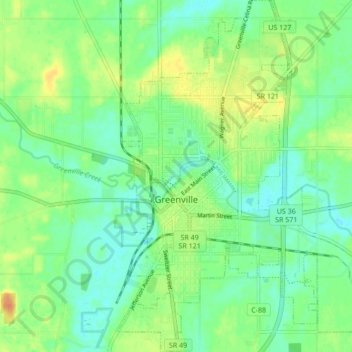 Mapa topográfico Greenville, altitude, relevo