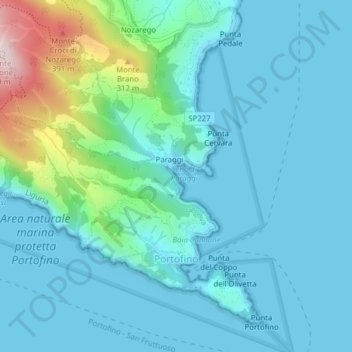Mapa topográfico Portofino, altitude, relevo