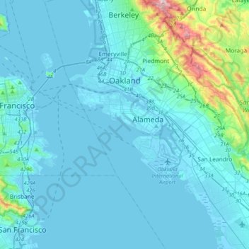 Mapa topográfico Oakland, altitude, relevo