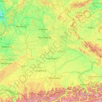 Mapa topográfico Baviera, altitude, relevo
