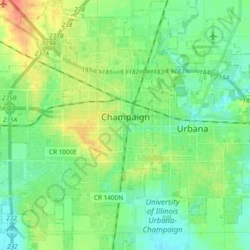 Mapa topográfico Champaign, altitude, relevo