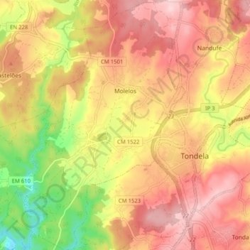 Mapa topográfico Molelos, altitude, relevo