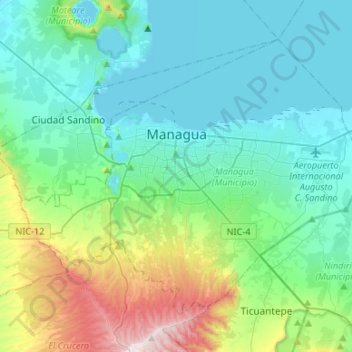 Mapa topográfico Manágua, altitude, relevo