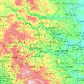 Mapa topográfico West Yorkshire, altitude, relevo