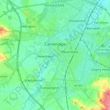 Mapa topográfico Cambridge, altitude, relevo
