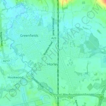 Mapa topográfico Horley, altitude, relevo