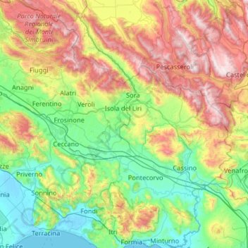 Mapa topográfico Frosinone, altitude, relevo