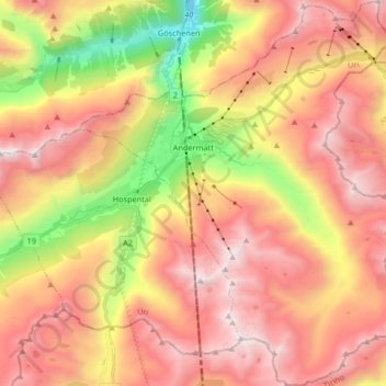 Mapa topográfico Andermatt, altitude, relevo