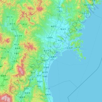 Mapa topográfico 宮城県, altitude, relevo