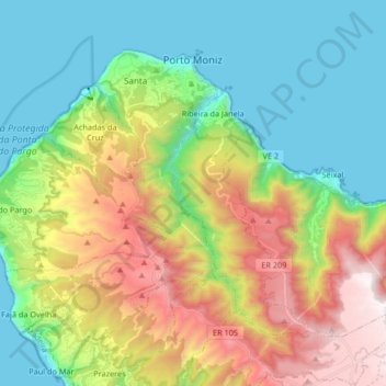 Mapa topográfico Porto Moniz, altitude, relevo