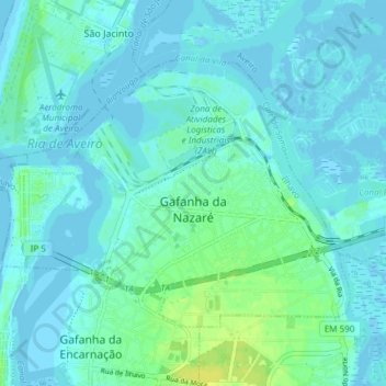 Mapa topográfico Gafanha da Nazaré, altitude, relevo