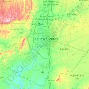 Mapa topográfico Municipio de Aguascalientes, altitude, relevo
