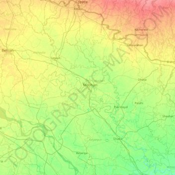 Mapa topográfico East Champaran District, altitude, relevo