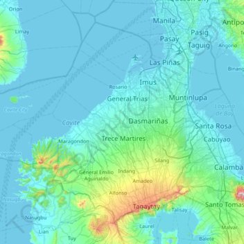 Mapa topográfico Cavite, altitude, relevo