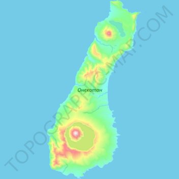 Mapa topográfico Onekotan, altitude, relevo