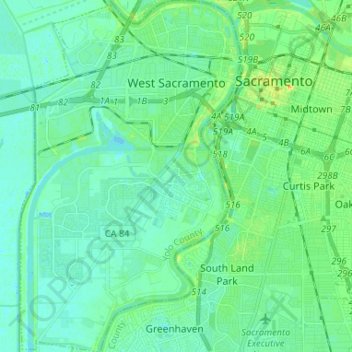 Mapa topográfico West Sacramento, altitude, relevo
