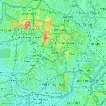 Mapa topográfico Petaling Jaya, altitude, relevo